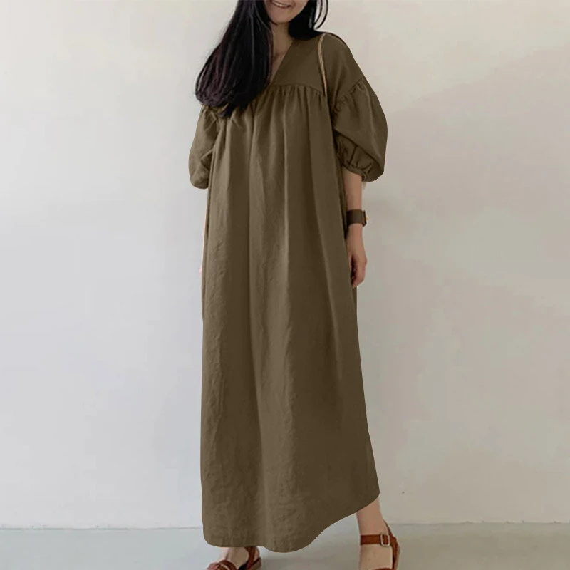 (image for) ZANZEA Women Maxi Dresses Solid Color Seven-quarter Length Lantern Sleeves Long Dresses Plus Size Women Dresses