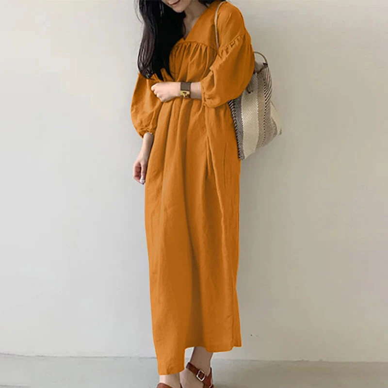 (image for) ZANZEA Women Maxi Dresses Solid Color Seven-quarter Length Lantern Sleeves Long Dresses Plus Size Women Dresses