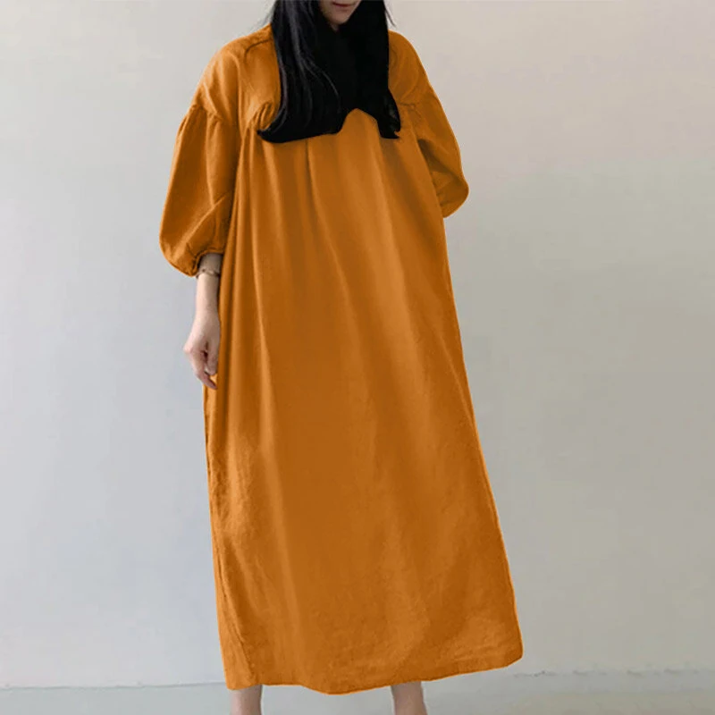 (image for) ZANZEA Women Maxi Dresses Solid Color Seven-quarter Length Lantern Sleeves Long Dresses Plus Size Women Dresses