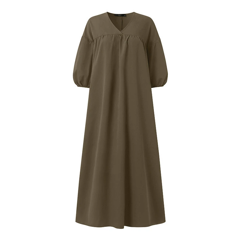 (image for) ZANZEA Women Maxi Dresses Solid Color Seven-quarter Length Lantern Sleeves Long Dresses Plus Size Women Dresses