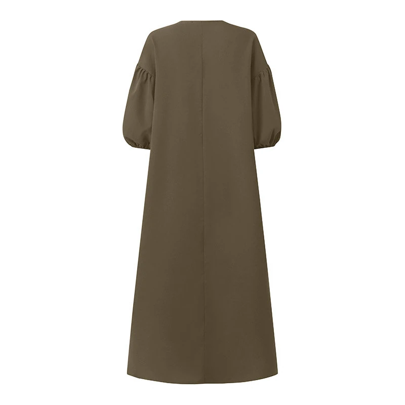 (image for) ZANZEA Women Maxi Dresses Solid Color Seven-quarter Length Lantern Sleeves Long Dresses Plus Size Women Dresses