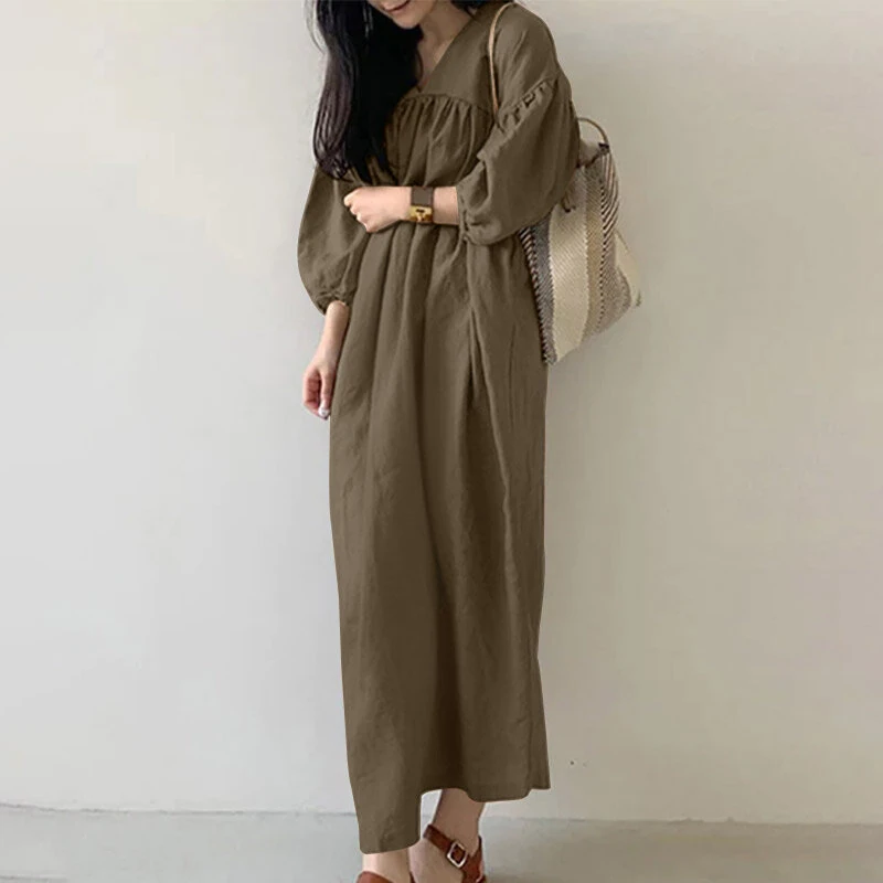 (image for) ZANZEA Women Maxi Dresses Solid Color Seven-quarter Length Lantern Sleeves Long Dresses Plus Size Women Dresses