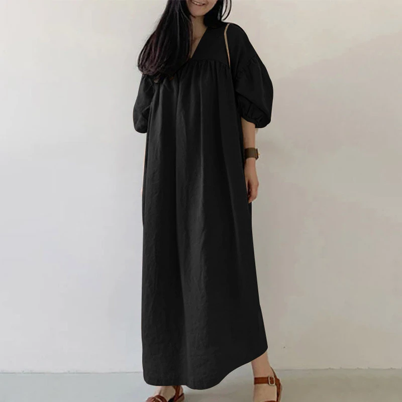 (image for) ZANZEA Women Maxi Dresses Solid Color Seven-quarter Length Lantern Sleeves Long Dresses Plus Size Women Dresses