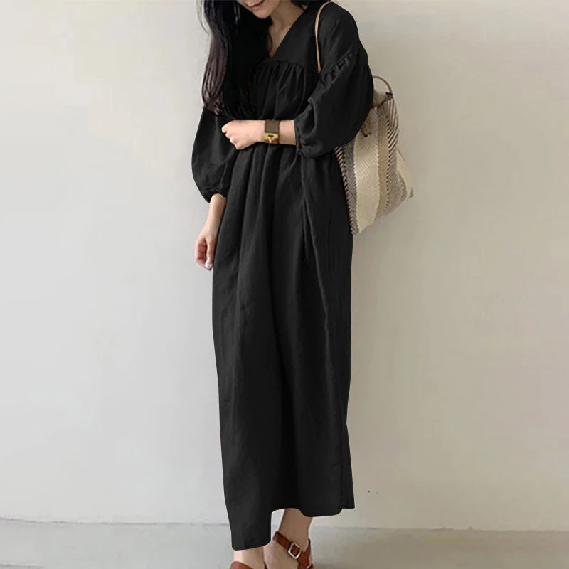 (image for) ZANZEA Women Maxi Dresses Solid Color Seven-quarter Length Lantern Sleeves Long Dresses Plus Size Women Dresses