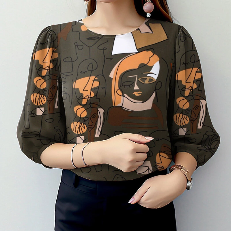 (image for) ZANZEA Women OL Work Elegant Blouses ShirtCrew Neck 3/4 Sleeve Printed Elegant Ladylike Tops Shirt