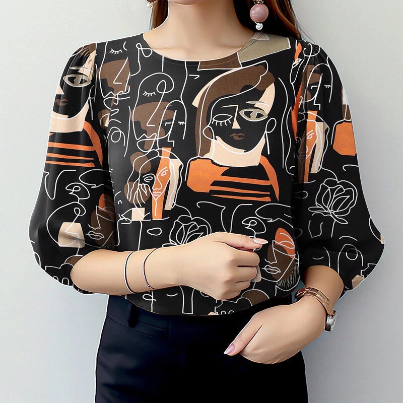 (image for) ZANZEA Women OL Work Elegant Blouses ShirtCrew Neck 3/4 Sleeve Printed Elegant Ladylike Tops Shirt