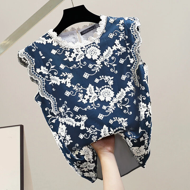 (image for) ZANZEA Women Patchwork Lace Print Loose Fit Tank Top Comftable Sleeveless Floral Vest Summer Daily Top for Women