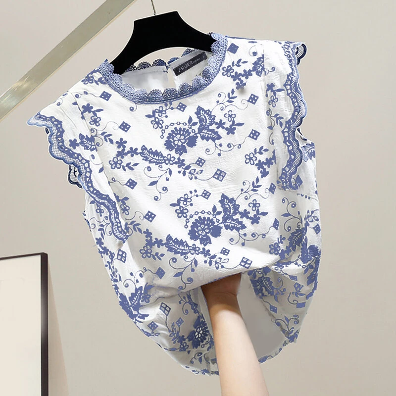 (image for) ZANZEA Women Patchwork Lace Print Loose Fit Tank Top Comftable Sleeveless Floral Vest Summer Daily Top for Women