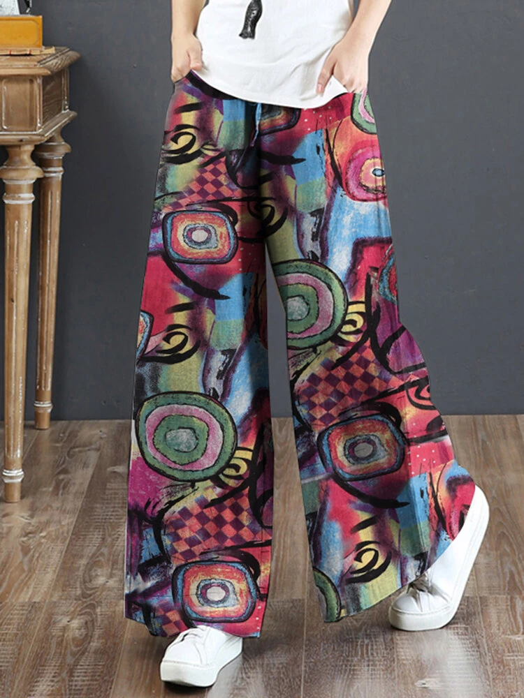 (image for) ZANZEA Women Plus Size Flared Wide-Leg Floral Printed Retro Side Pockets Pants