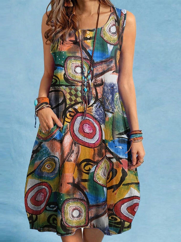 (image for) ZANZEA Women Plus Size Abstract Painted Button Pocket Sleeveless Casual Beach Midi Dress