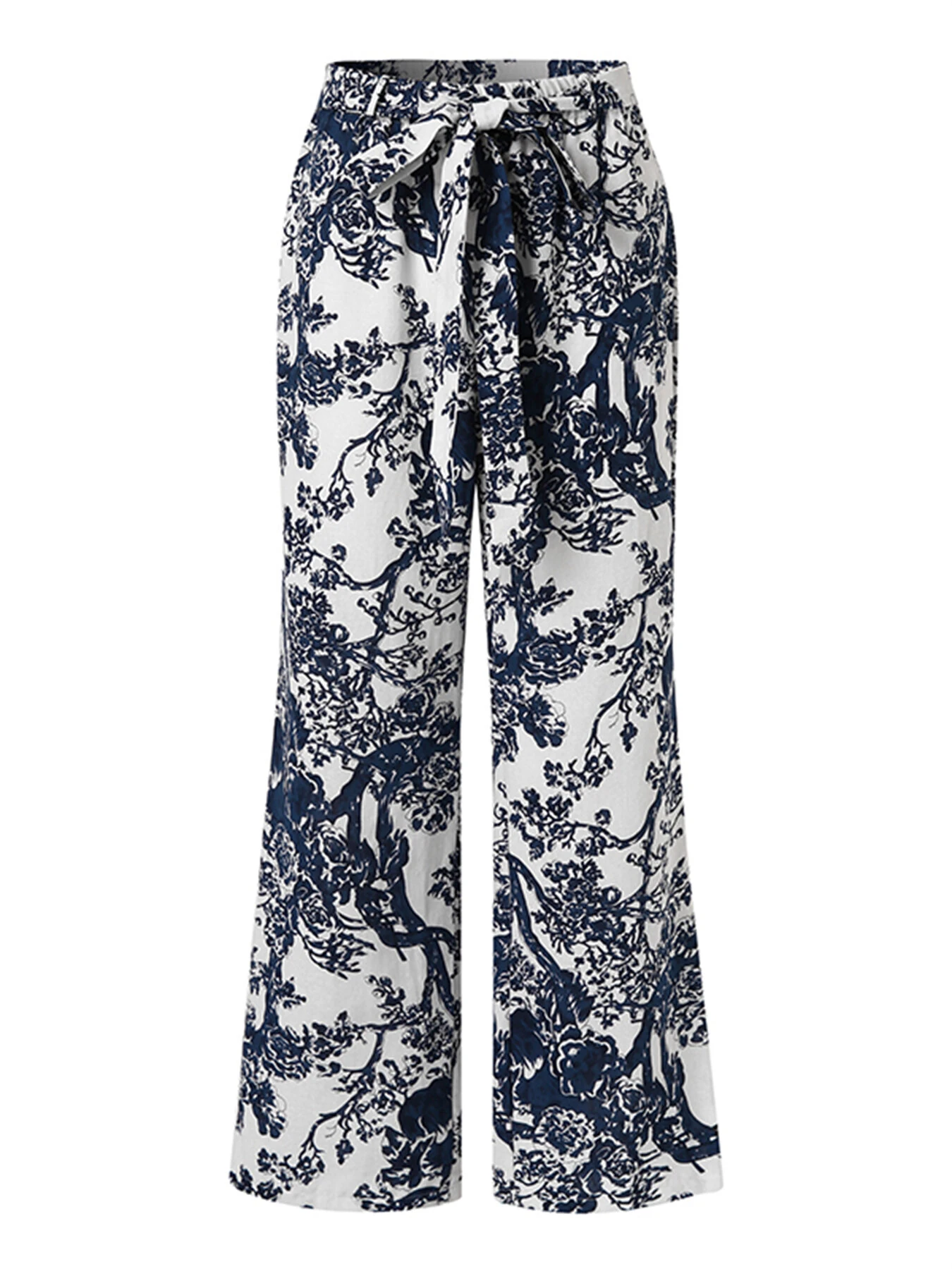 (image for) ZANZEA Women Plus Size Casual Cotton Linen Retro Floral Print Elastic Waist Straight Pants with Side Pockets