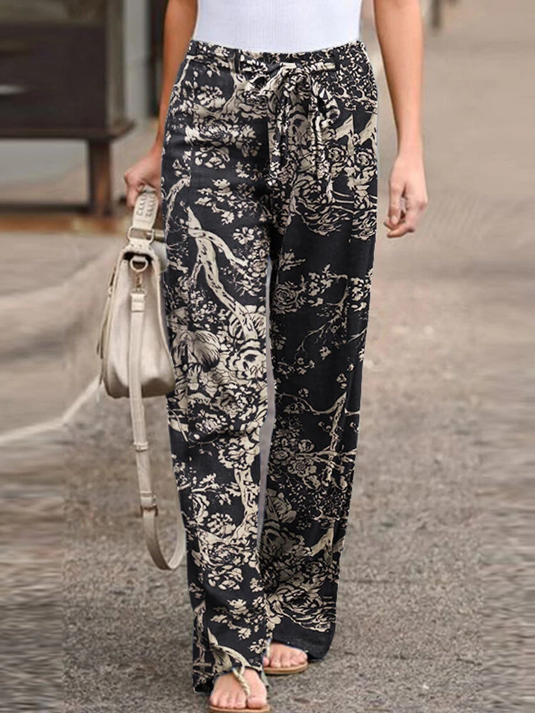 (image for) ZANZEA Women Plus Size Casual Cotton Linen Retro Floral Print Elastic Waist Straight Pants with Side Pockets