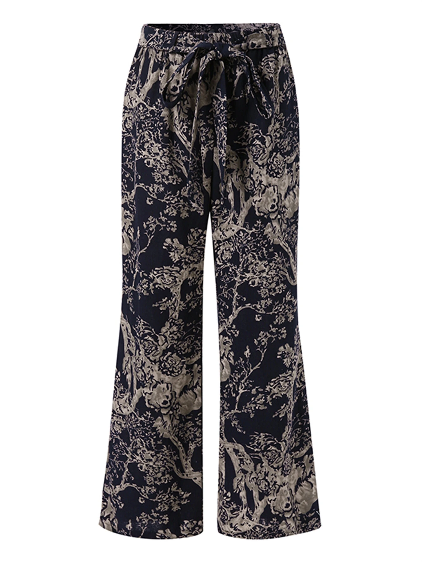 (image for) ZANZEA Women Plus Size Casual Cotton Linen Retro Floral Print Elastic Waist Straight Pants with Side Pockets