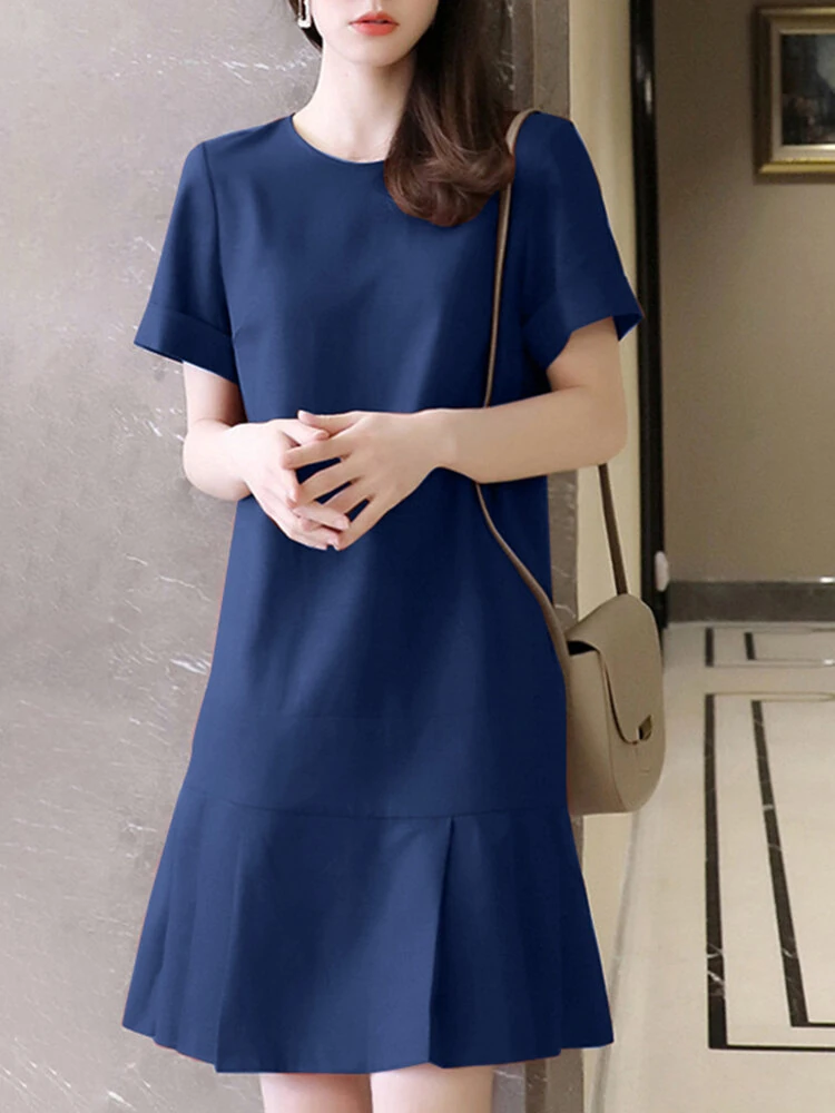ZANZEA Women Plus Size Solid Ruffle Hem Pocket Short Sleeve Crew Neck Casual Dress (image for) ZANZEA Women Plus Size Solid Ruffle Hem Pocket Short Sleeve Crew Neck Casual Dress