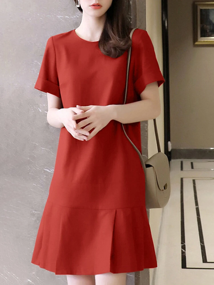 (image for) ZANZEA Women Plus Size Solid Ruffle Hem Pocket Short Sleeve Crew Neck Casual Dress