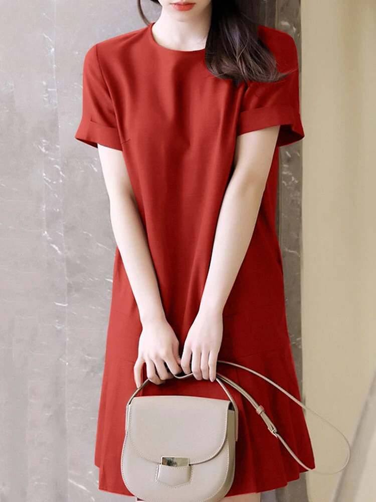 (image for) ZANZEA Women Plus Size Solid Ruffle Hem Pocket Short Sleeve Crew Neck Casual Dress