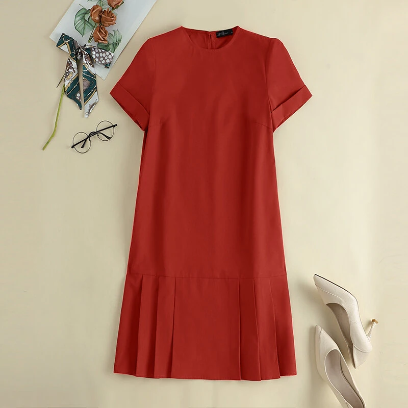(image for) ZANZEA Women Plus Size Solid Ruffle Hem Pocket Short Sleeve Crew Neck Casual Dress