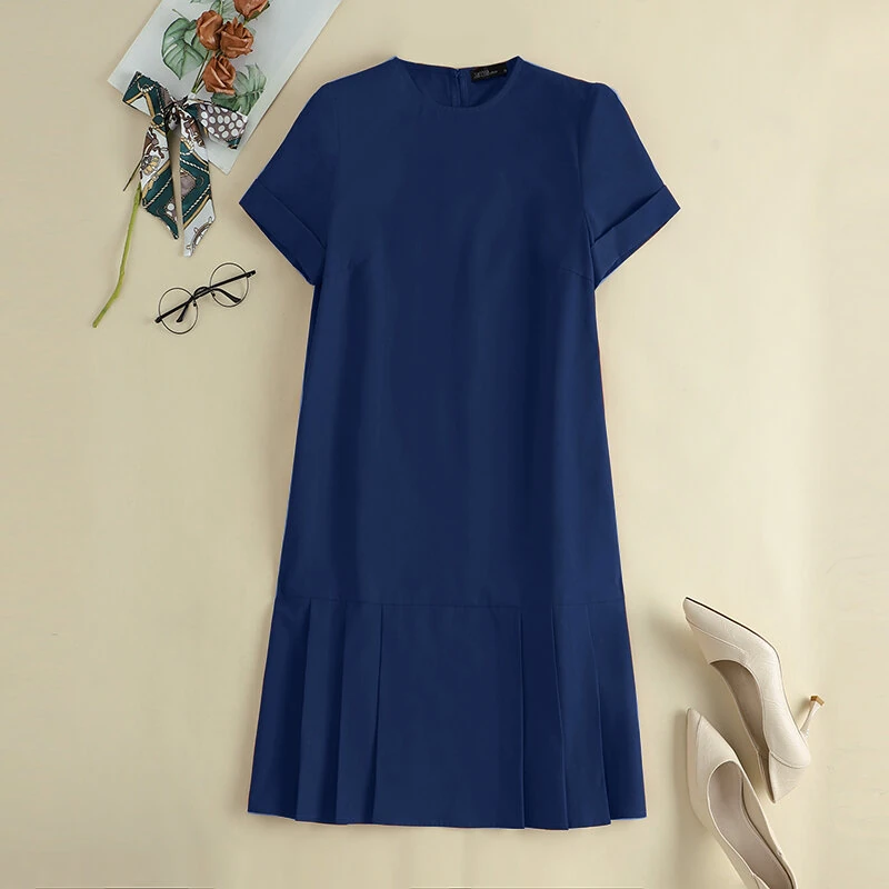 (image for) ZANZEA Women Plus Size Solid Ruffle Hem Pocket Short Sleeve Crew Neck Casual Dress