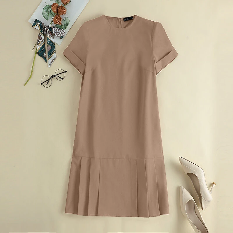 (image for) ZANZEA Women Plus Size Solid Ruffle Hem Pocket Short Sleeve Crew Neck Casual Dress