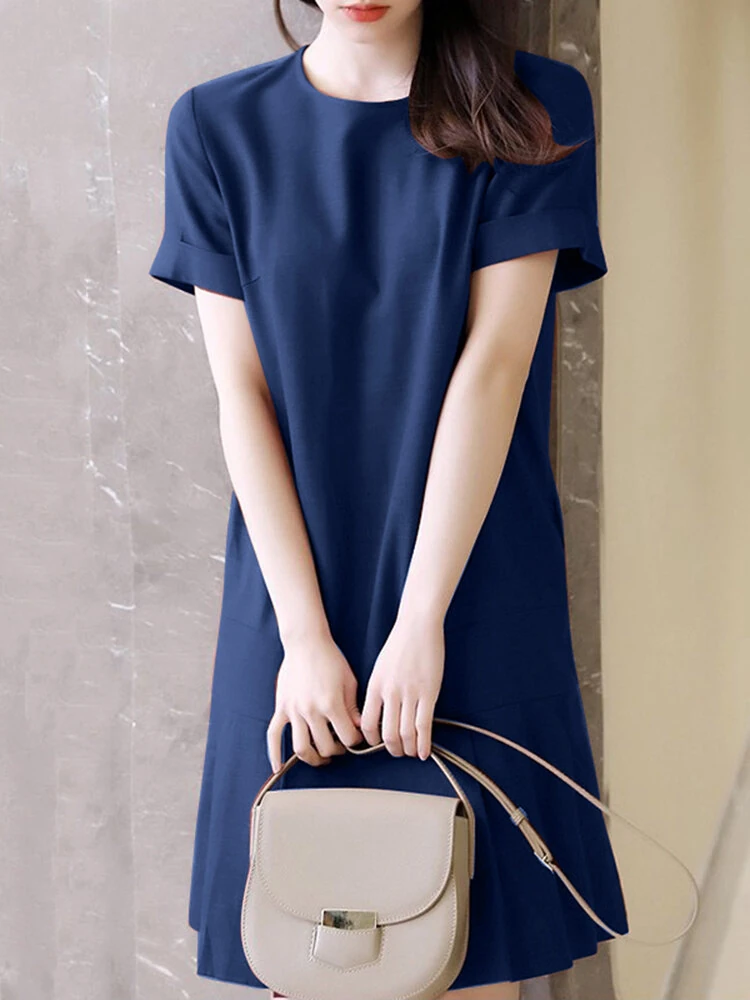 (image for) ZANZEA Women Plus Size Solid Ruffle Hem Pocket Short Sleeve Crew Neck Casual Dress