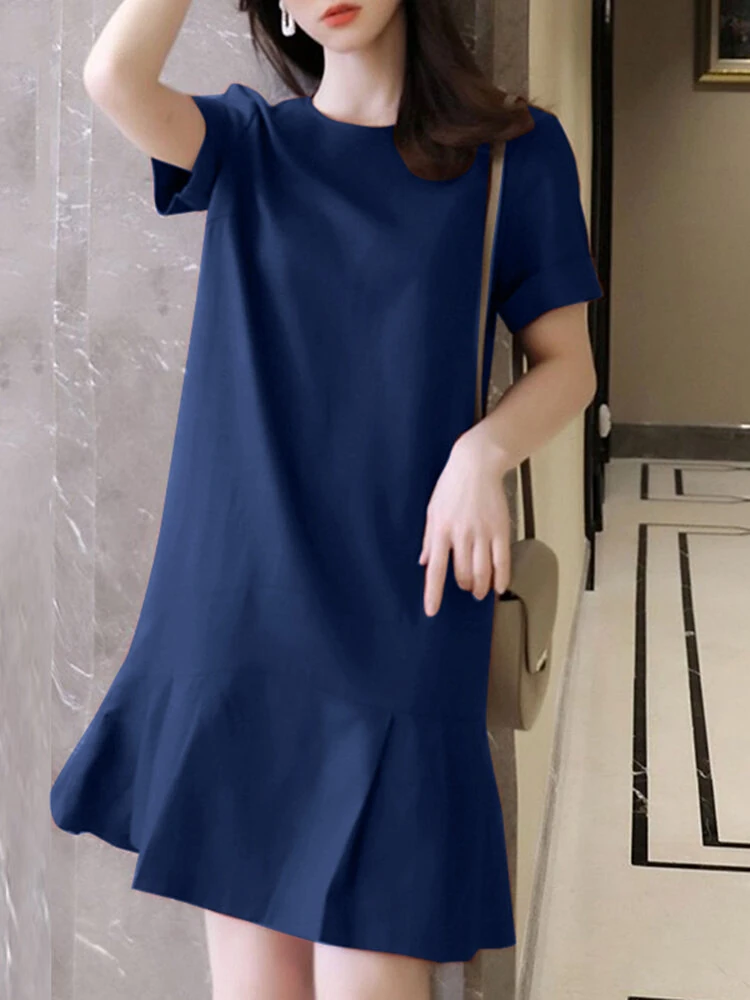 (image for) ZANZEA Women Plus Size Solid Ruffle Hem Pocket Short Sleeve Crew Neck Casual Dress