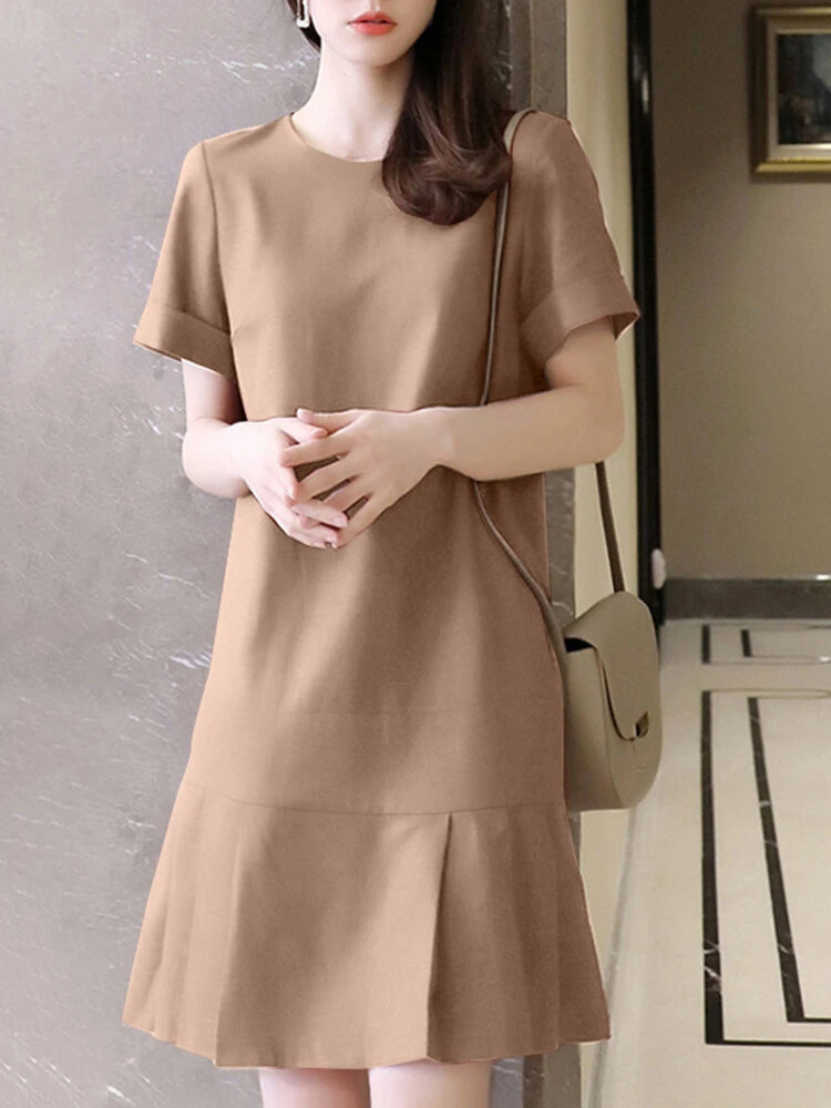 (image for) ZANZEA Women Plus Size Solid Ruffle Hem Pocket Short Sleeve Crew Neck Casual Dress