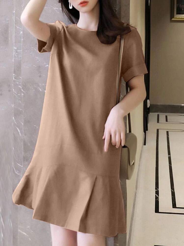 (image for) ZANZEA Women Plus Size Solid Ruffle Hem Pocket Short Sleeve Crew Neck Casual Dress