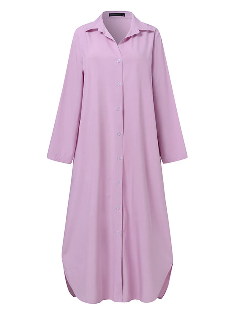 (image for) ZANZEA Women Plus Size Two Set Solid Button Lapel Long Sleeve Long Blouses and Pant Two Pieces Set