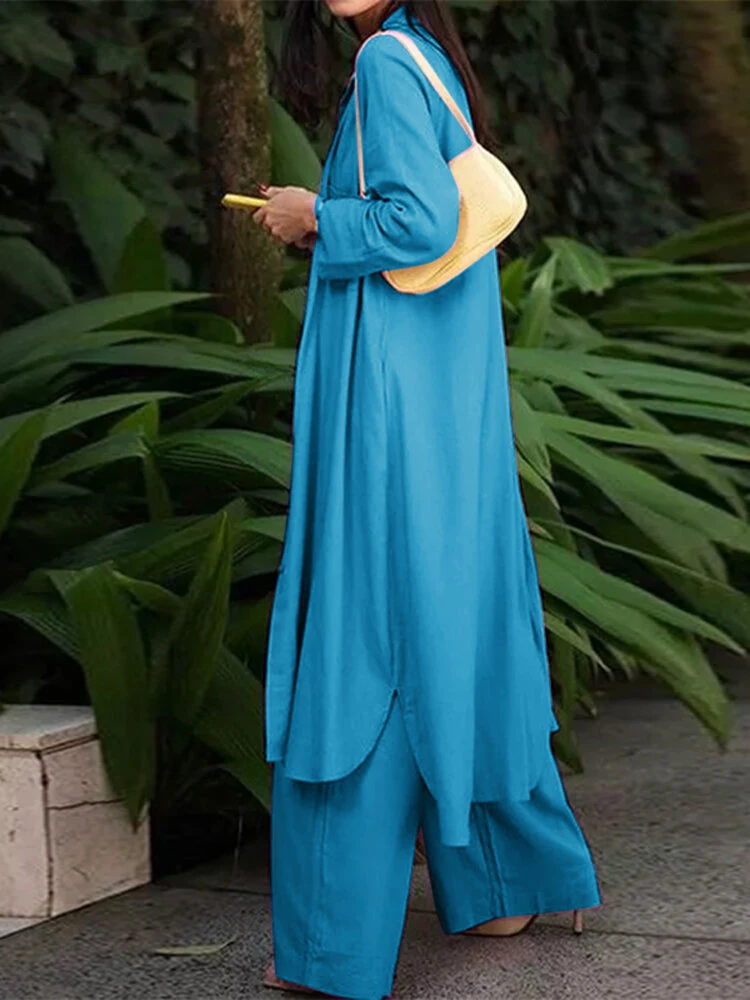 (image for) ZANZEA Women Plus Size Two Set Solid Button Lapel Long Sleeve Long Blouses and Pant Two Pieces Set