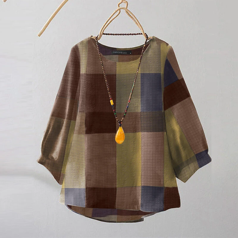 (image for) ZANZEA Women Retro Casual 3/4 Sleeve O Neck Shirt Top Plaid Loose Summer Ladylike Blouses