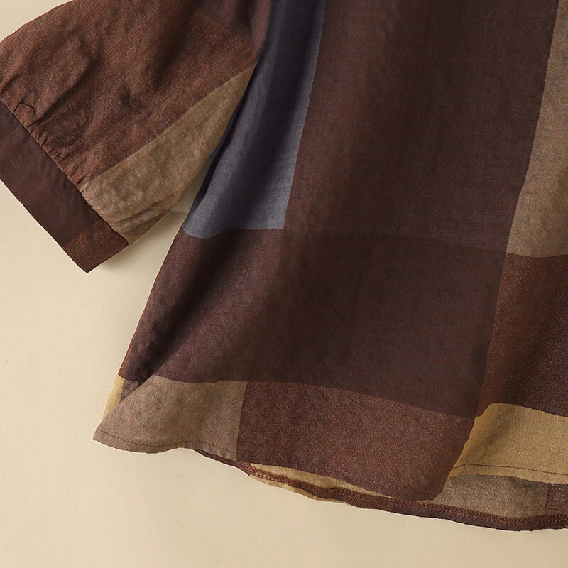 (image for) ZANZEA Women Retro Casual 3/4 Sleeve O Neck Shirt Top Plaid Loose Summer Ladylike Blouses