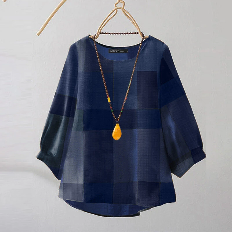 (image for) ZANZEA Women Retro Casual 3/4 Sleeve O Neck Shirt Top Plaid Loose Summer Ladylike Blouses