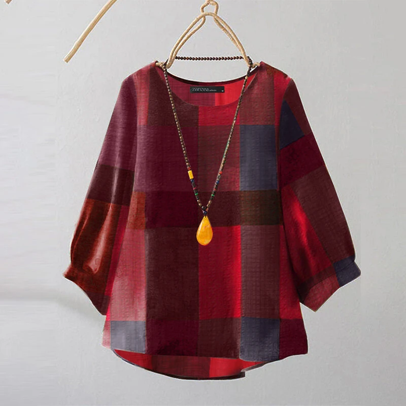 (image for) ZANZEA Women Retro Casual 3/4 Sleeve O Neck Shirt Top Plaid Loose Summer Ladylike Blouses
