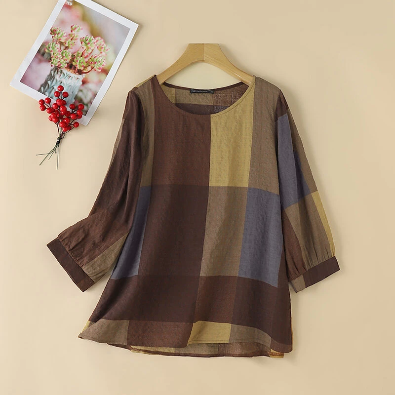 (image for) ZANZEA Women Retro Casual 3/4 Sleeve O Neck Shirt Top Plaid Loose Summer Ladylike Blouses