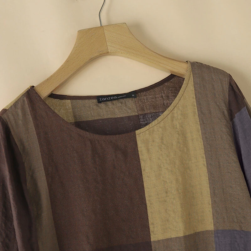 (image for) ZANZEA Women Retro Casual 3/4 Sleeve O Neck Shirt Top Plaid Loose Summer Ladylike Blouses