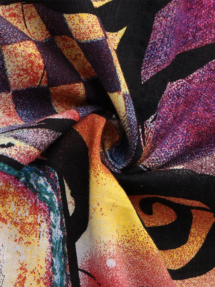 (image for) ZANZEA Women Retro Graffiti Print Round Neck Pleated Casual Beach Maxi Dresses