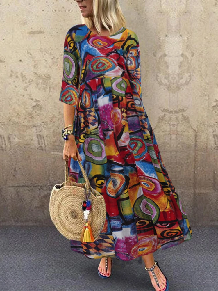 (image for) ZANZEA Women Retro Graffiti Print Round Neck Pleated Casual Beach Maxi Dresses