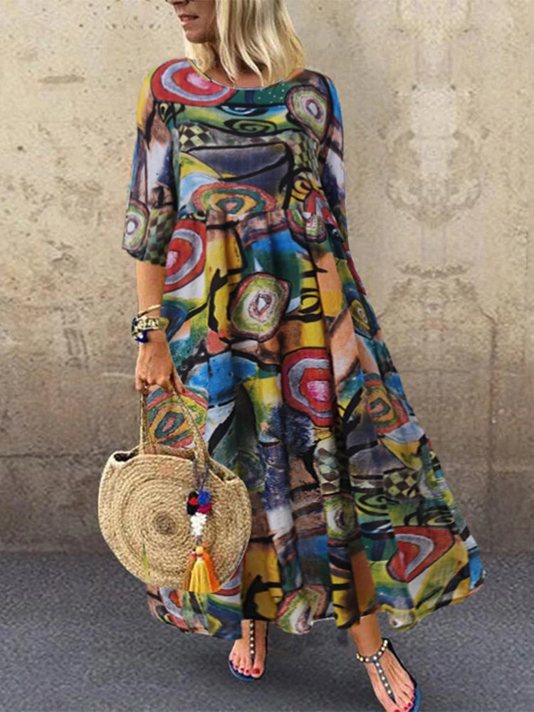 (image for) ZANZEA Women Retro Graffiti Print Round Neck Pleated Casual Beach Maxi Dresses