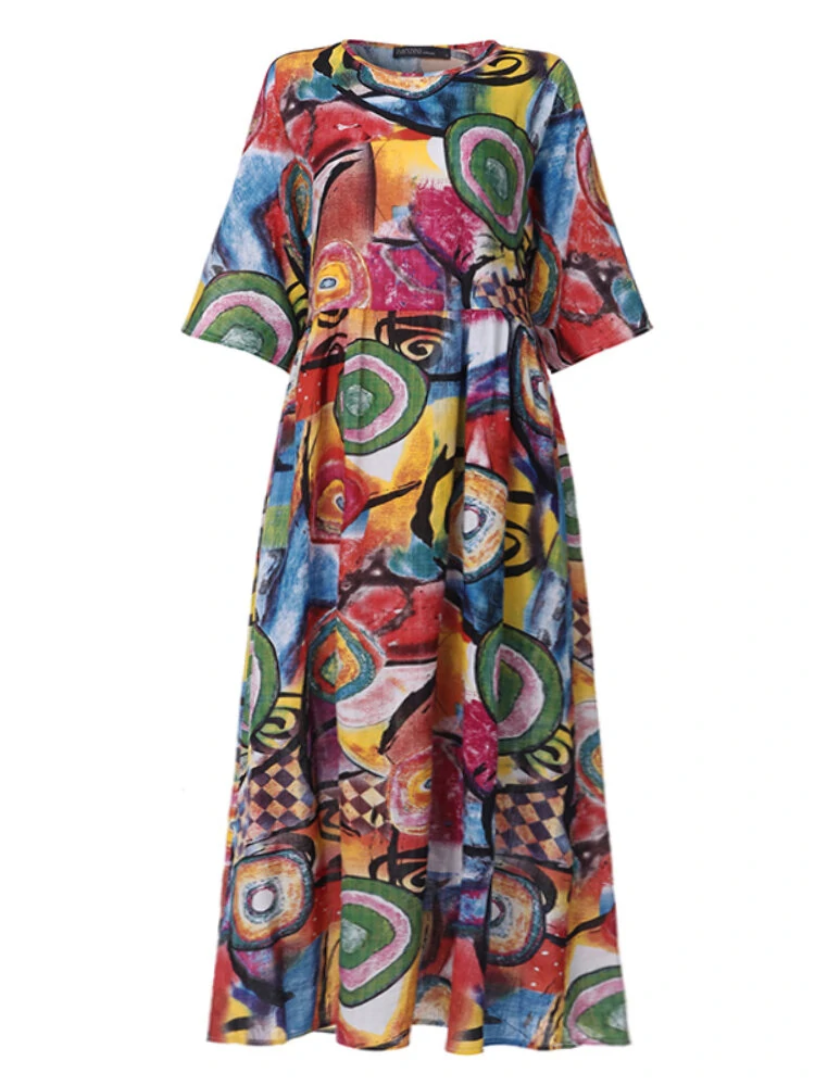 (image for) ZANZEA Women Retro Graffiti Print Round Neck Pleated Casual Beach Maxi Dresses