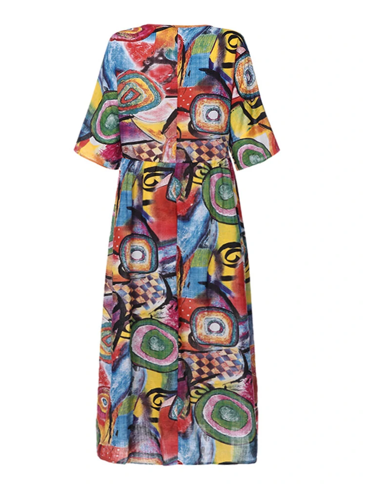 (image for) ZANZEA Women Retro Graffiti Print Round Neck Pleated Casual Beach Maxi Dresses