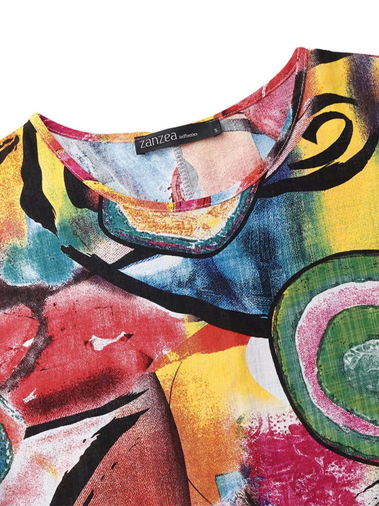 (image for) ZANZEA Women Retro Graffiti Print Round Neck Pleated Casual Beach Maxi Dresses