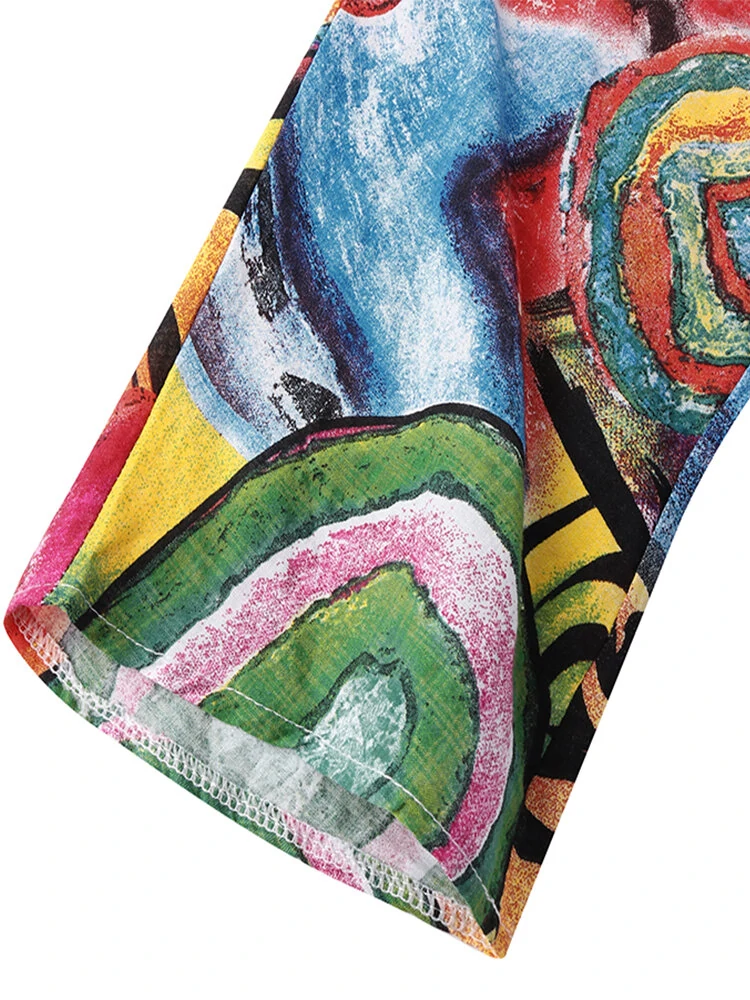 (image for) ZANZEA Women Retro Graffiti Print Round Neck Pleated Casual Beach Maxi Dresses