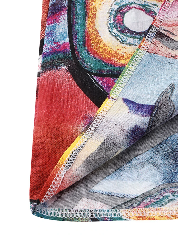 (image for) ZANZEA Women Retro Graffiti Print Round Neck Pleated Casual Beach Maxi Dresses