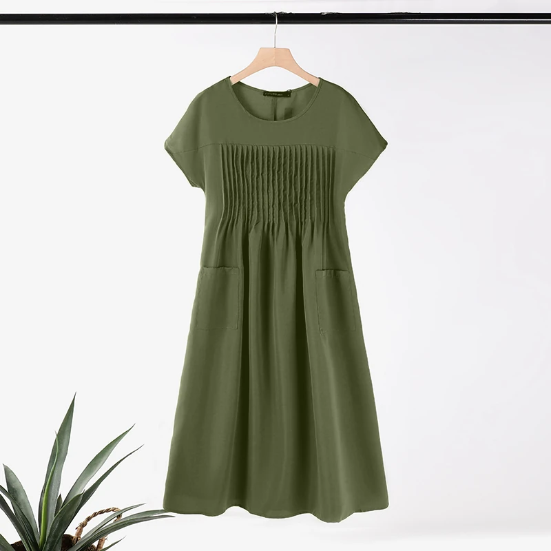 (image for) ZANZEA Women Short Sleeve Pleated Party Long Dress Casual Loose Sundress Maxi Dress with Pockets