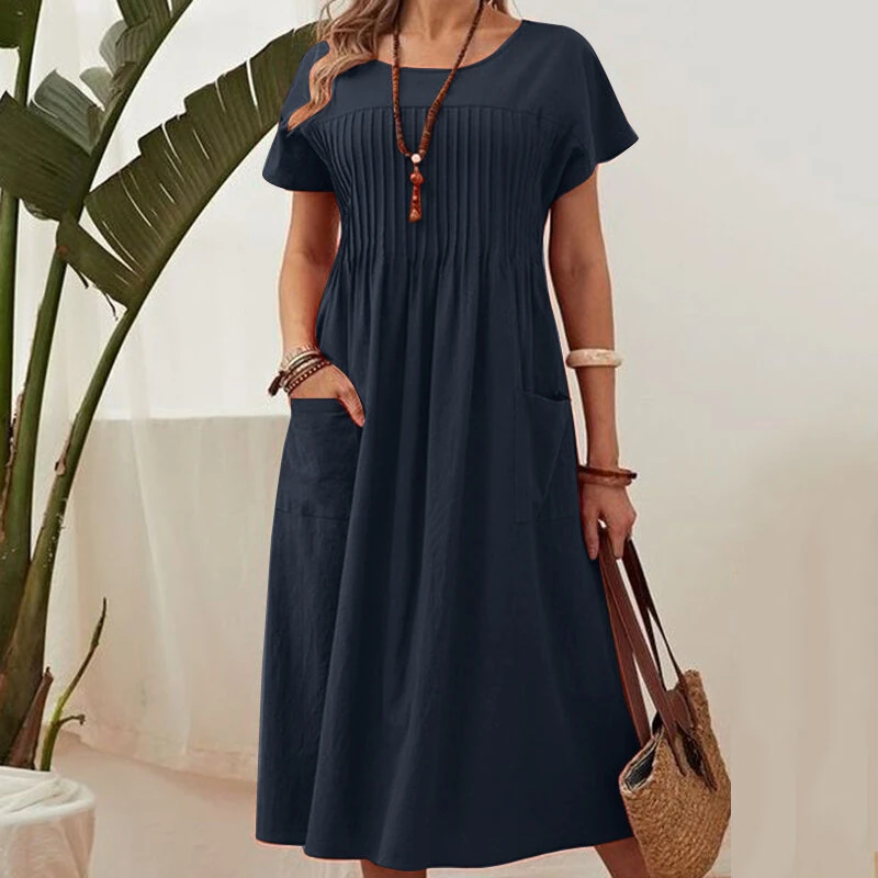 (image for) ZANZEA Women Short Sleeve Pleated Party Long Dress Casual Loose Sundress Maxi Dress with Pockets
