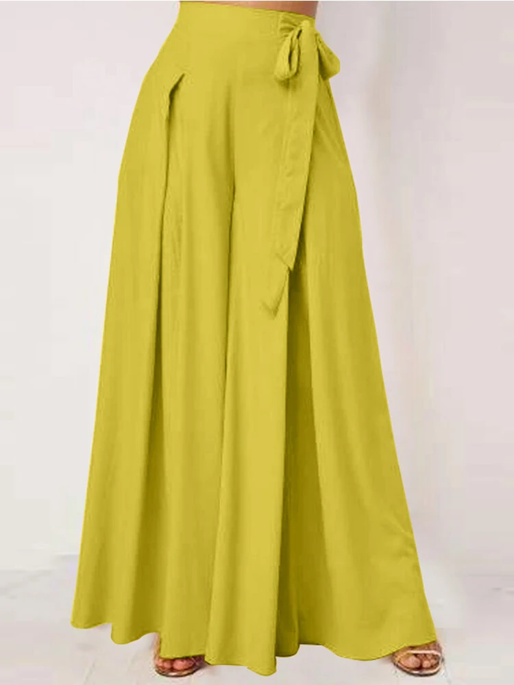(image for) ZANZEA Women Solid Color Bowknot Pleated Loose Casual Wide Leg Pants