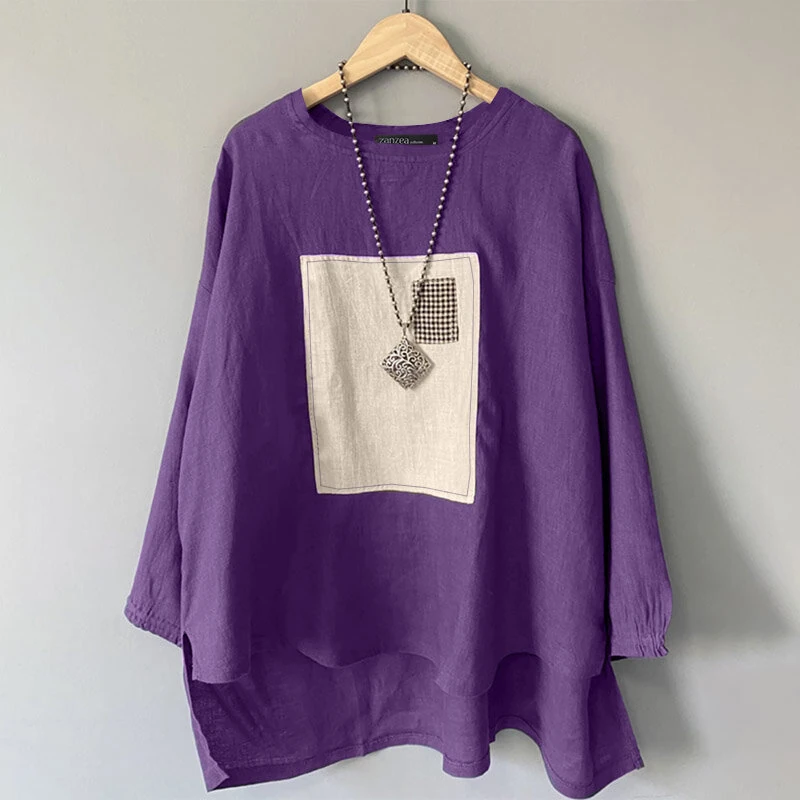 (image for) ZANZEA Women Street Fashion Long Sleeve Blouse Printed Long Shirts Patchwork Retro Loose Tops
