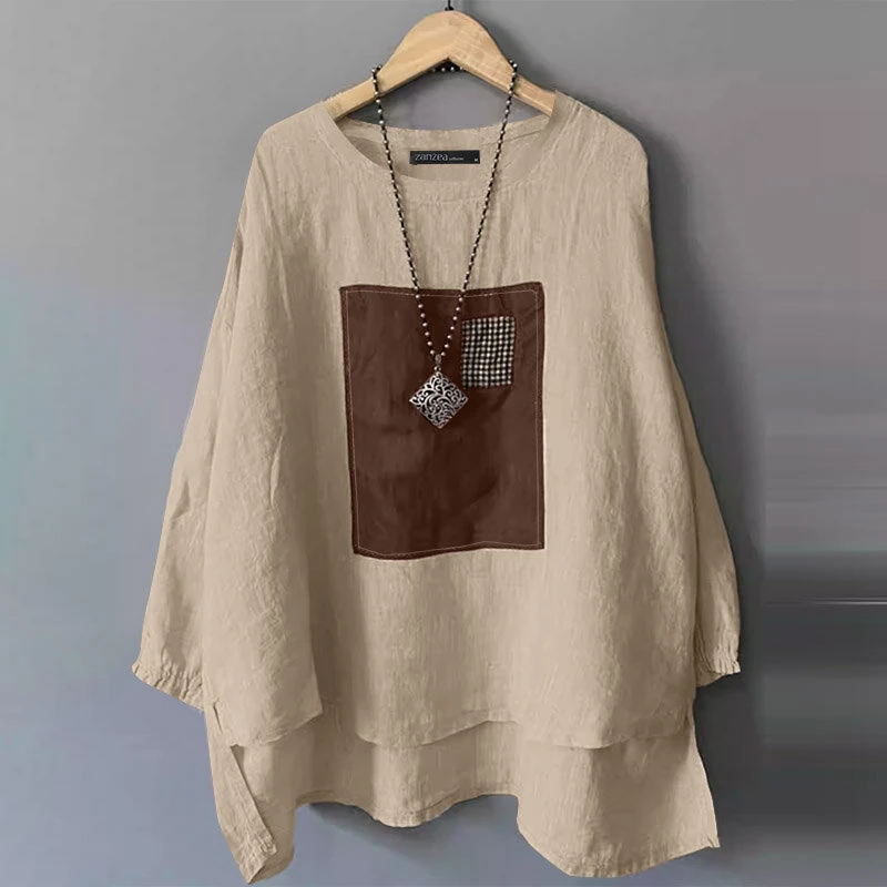 (image for) ZANZEA Women Street Fashion Long Sleeve Blouse Printed Long Shirts Patchwork Retro Loose Tops