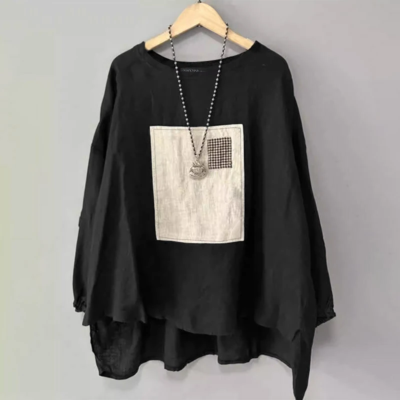 (image for) ZANZEA Women Street Fashion Long Sleeve Blouse Printed Long Shirts Patchwork Retro Loose Tops