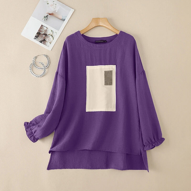 (image for) ZANZEA Women Street Fashion Long Sleeve Blouse Printed Long Shirts Patchwork Retro Loose Tops